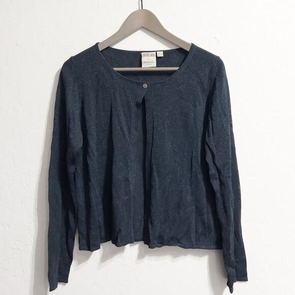 Country Road Cardigan Lurex Metallic Knit Sweater Button Large Navy Blue Holiday - Picture 1 of 5